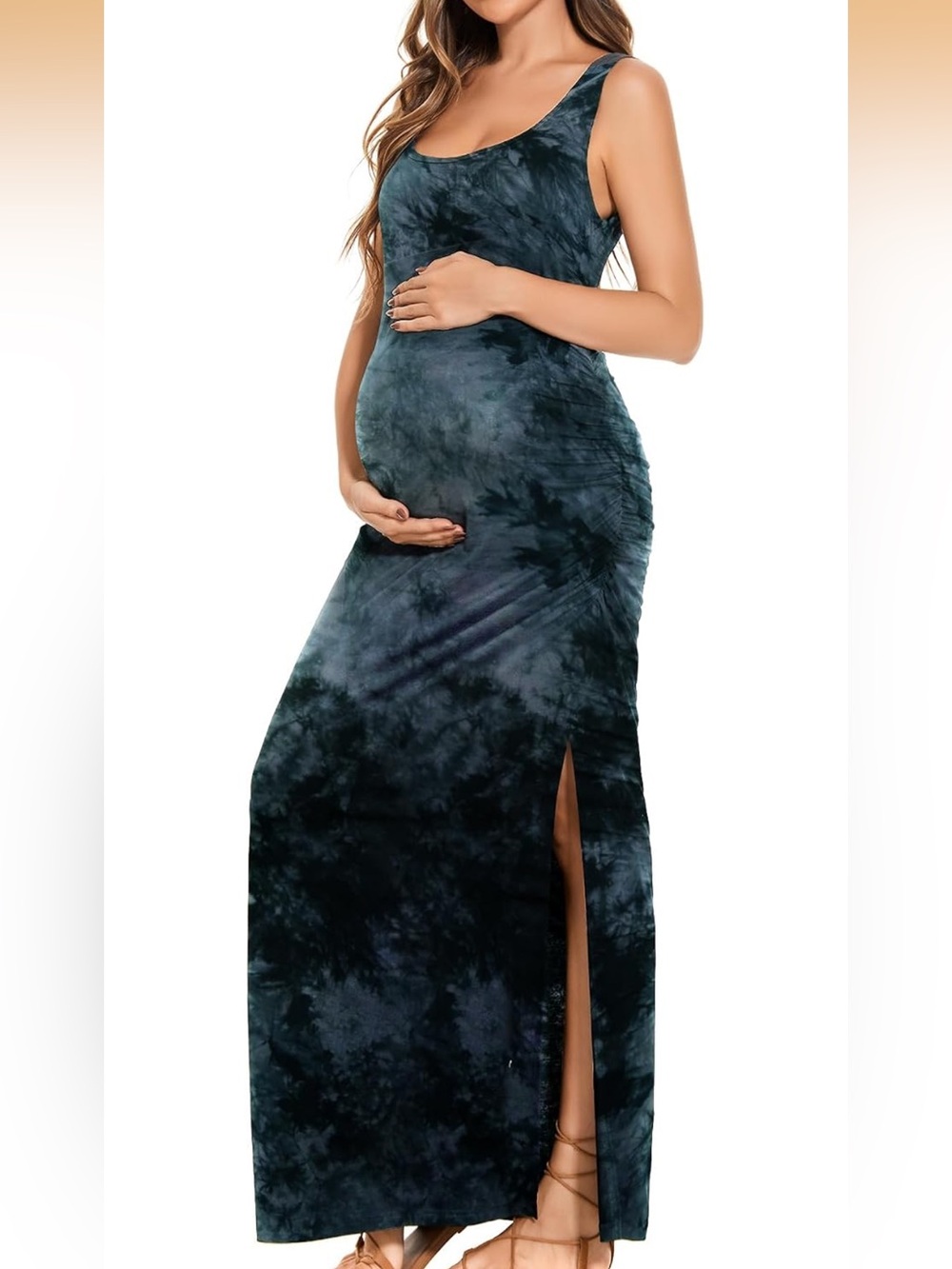 EU Smallshow Ruched Black Tie Dye Maternity Maxi Tank Dress